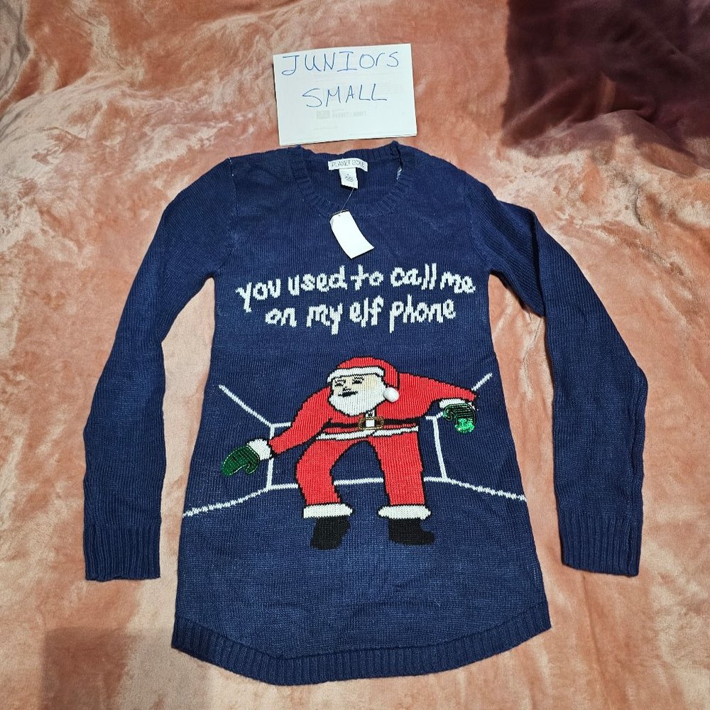 Juniors S Santa Claus Call Me On My Elf Phone Knit Tunic Pullover Sweater NWT